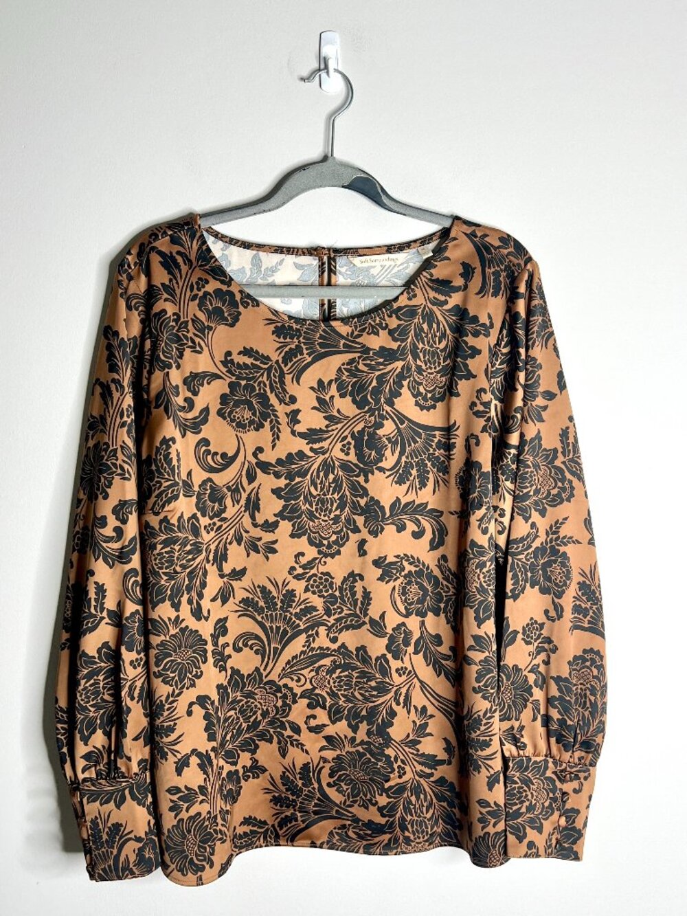Soft Surroundings Long-Sleeve Satin Maiya Top Floral Damask Print Fall Sz XL